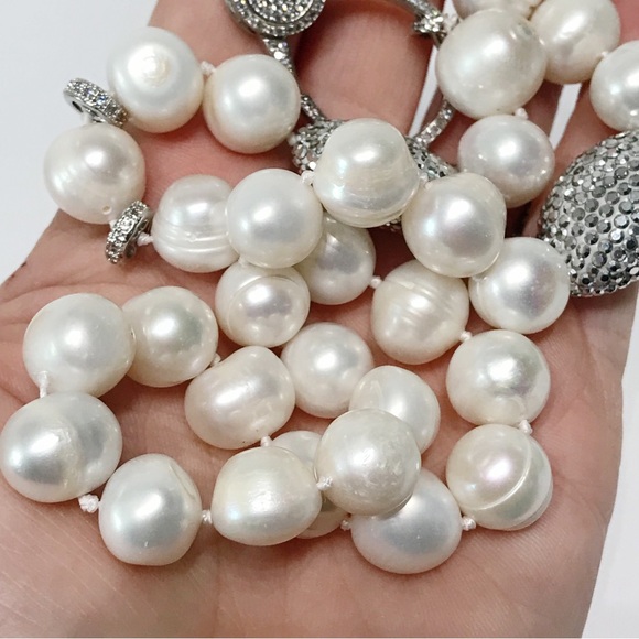 Real 14mm Pearl Necklace Large CZ Clasp Pave Crystal 21" Hand Knotted Chunky VTG - Picture 8 of 15